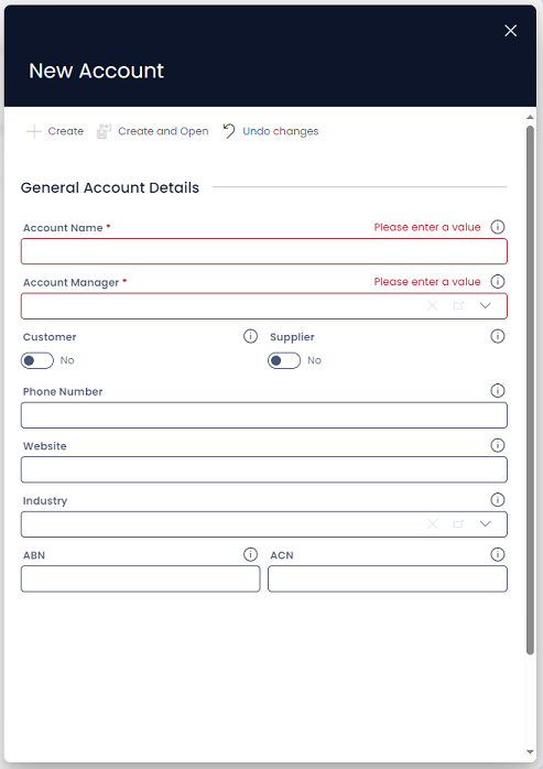 A screenshot of the New Account create screen. The screen has a navy header that reads &quot;New Account, with the following fields: Account Name, Account Manager, Customer, Supplier, Phone Number, Website, Industry, ABN, ACN. No sample data is entered into these fields.